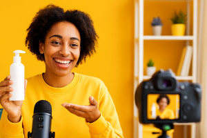 Creator smiling while filming a product