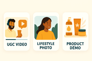 An image grid of UGC video, lifestyle photo and product demo previews.